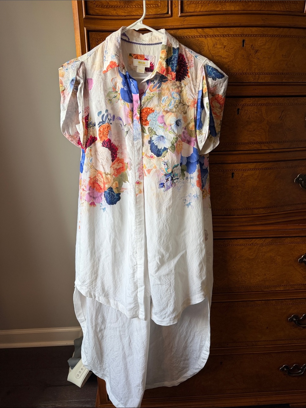 Maeve White High-Low Floral Shirt Dress with Multicolor Blooms